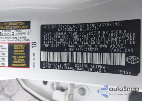 2017 Toyota Avalon Limited z USA, uszkodzony, nr VIN 4T1BK1EB0HU255735